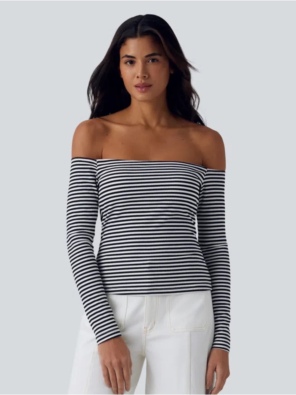 HALARA Ribbed Knit Off Shoulder Long Sleeve Stripe Built-in Bra Casual Top